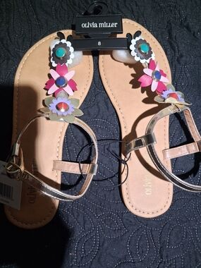 Olivia Miller Metallic Strap Sandals with Pink Floral Accents